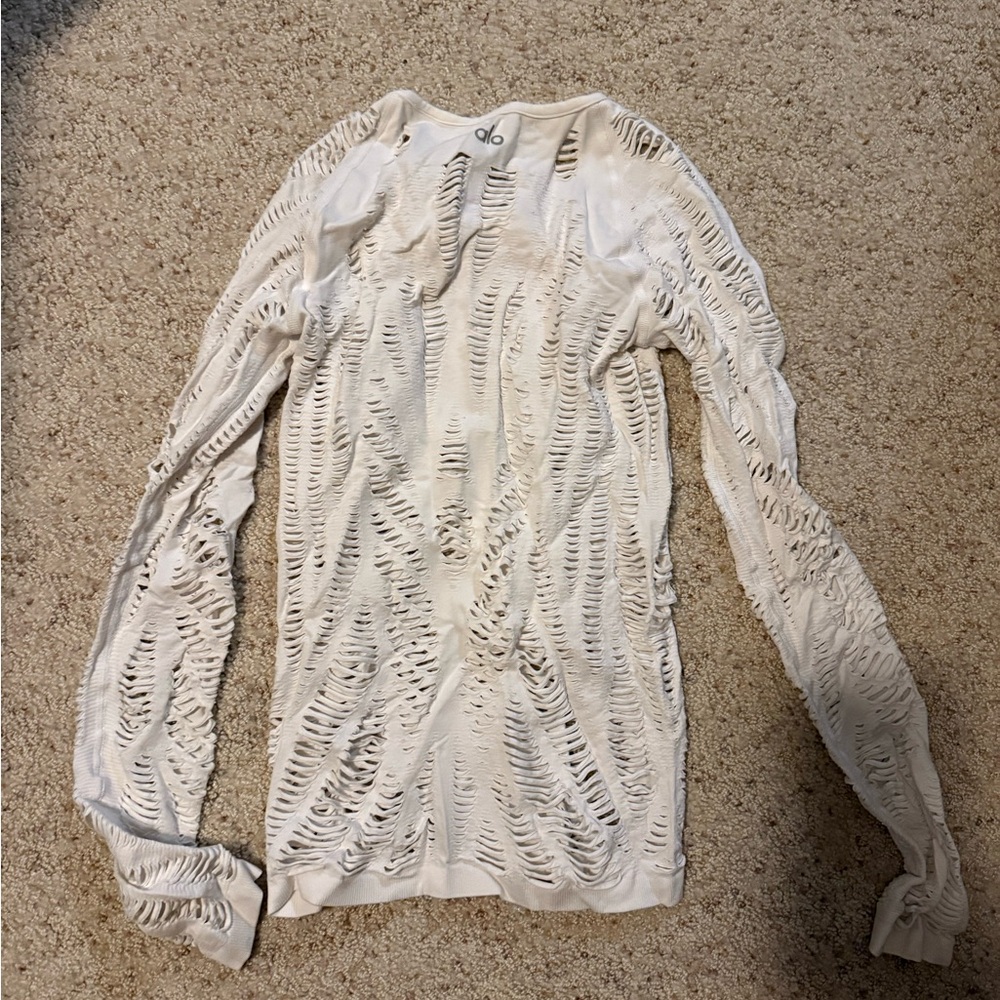 ALO Yoga White Distressed Long Sleeve Top